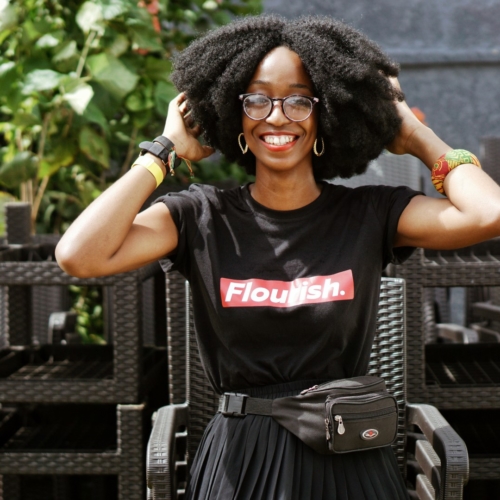 Cassandra Ikegbune wearing the black flourish cassie daves tee