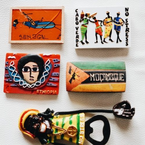 Flat lay picture of fridge magnets from traveling across Africa